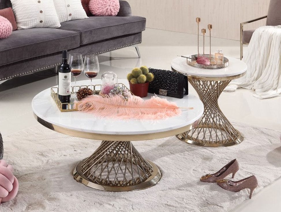 gold bottom spiral coffee tables with white tops